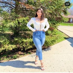 White Long Sleeve Front Tie Crop Top